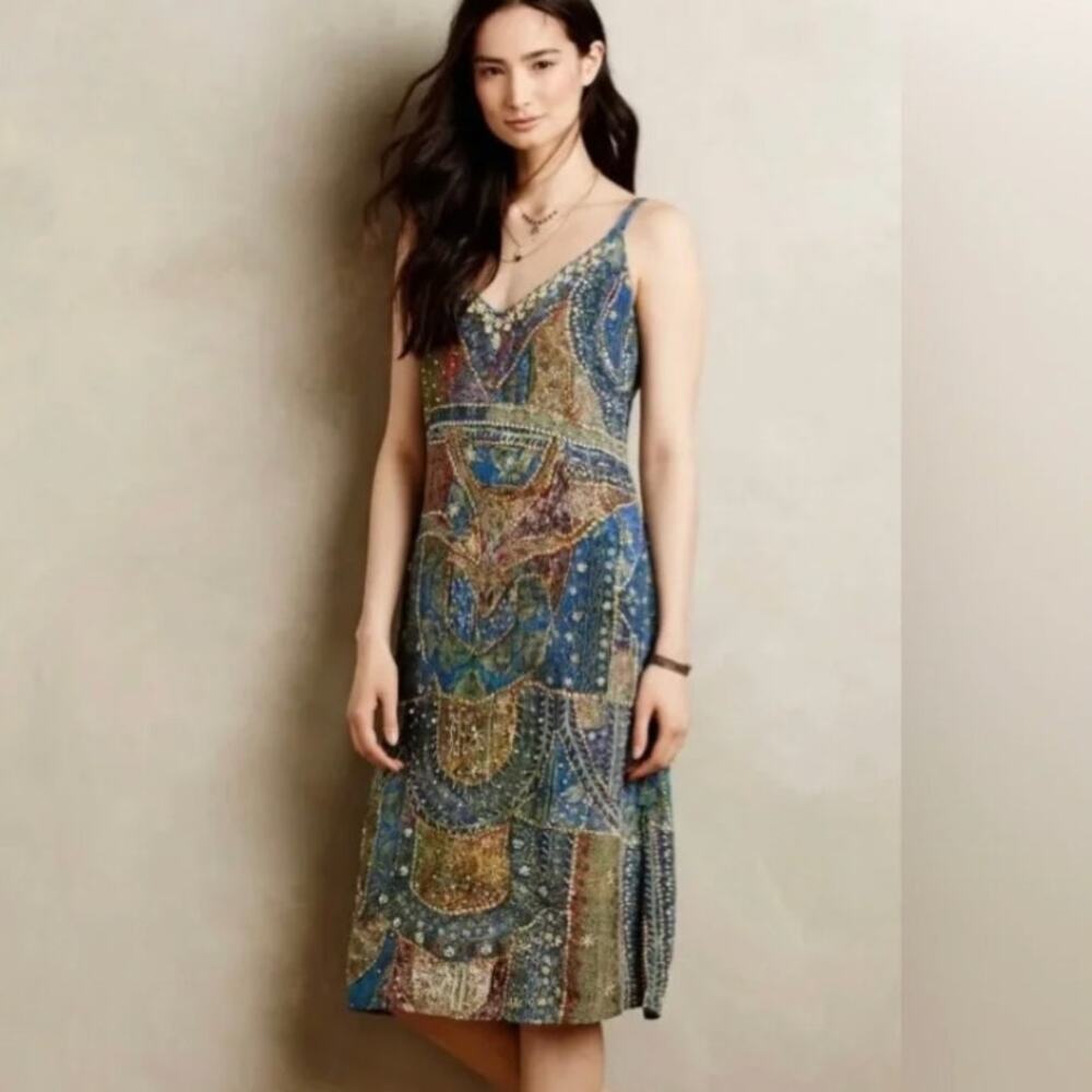Anthropologie Leifsdottir Sennen Silk Blue Beaded Slip Dress 10
